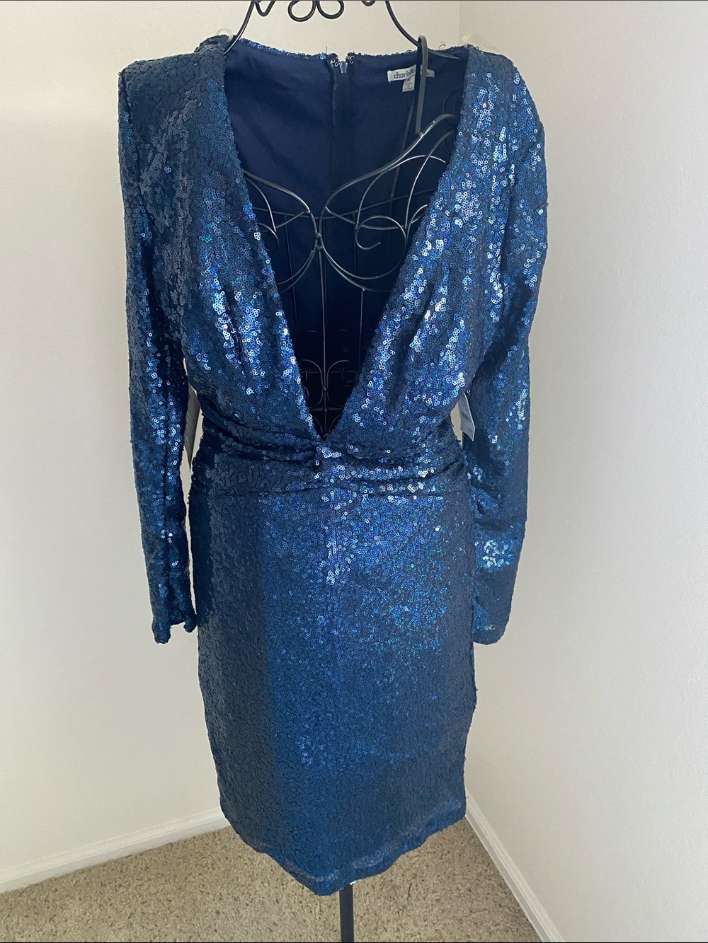 Charlotte Russe Navy Blue Sequin Long Sleeve V-Neck Dress